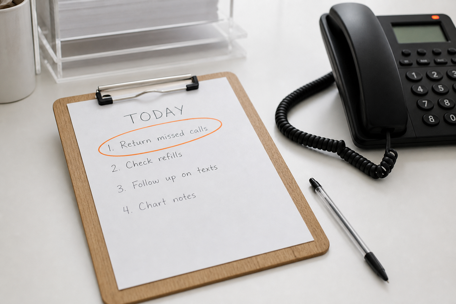 Clipboard list with the first job circled: return missed calls.