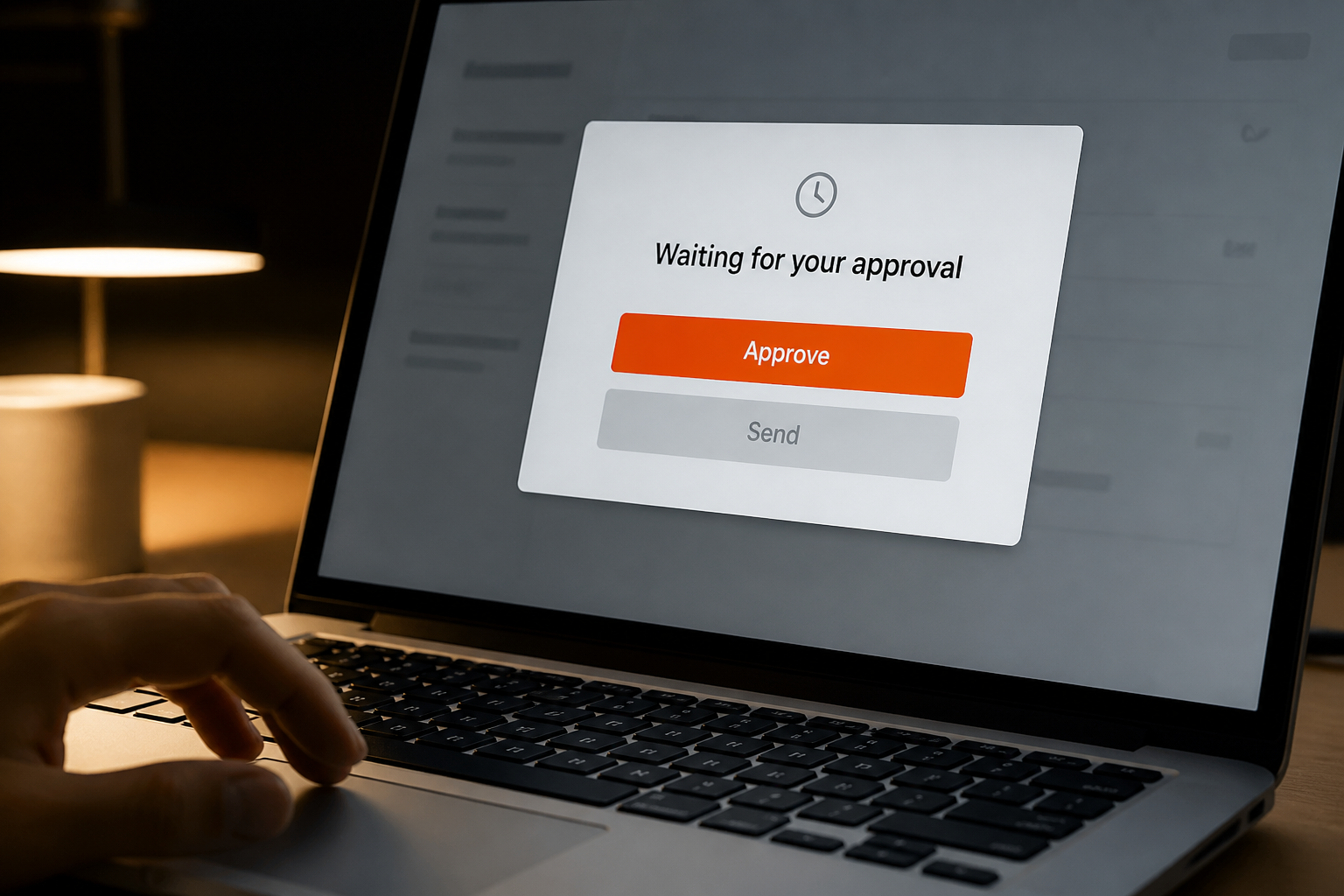 Laptop modal that says Waiting for your approval, orange Approve button.