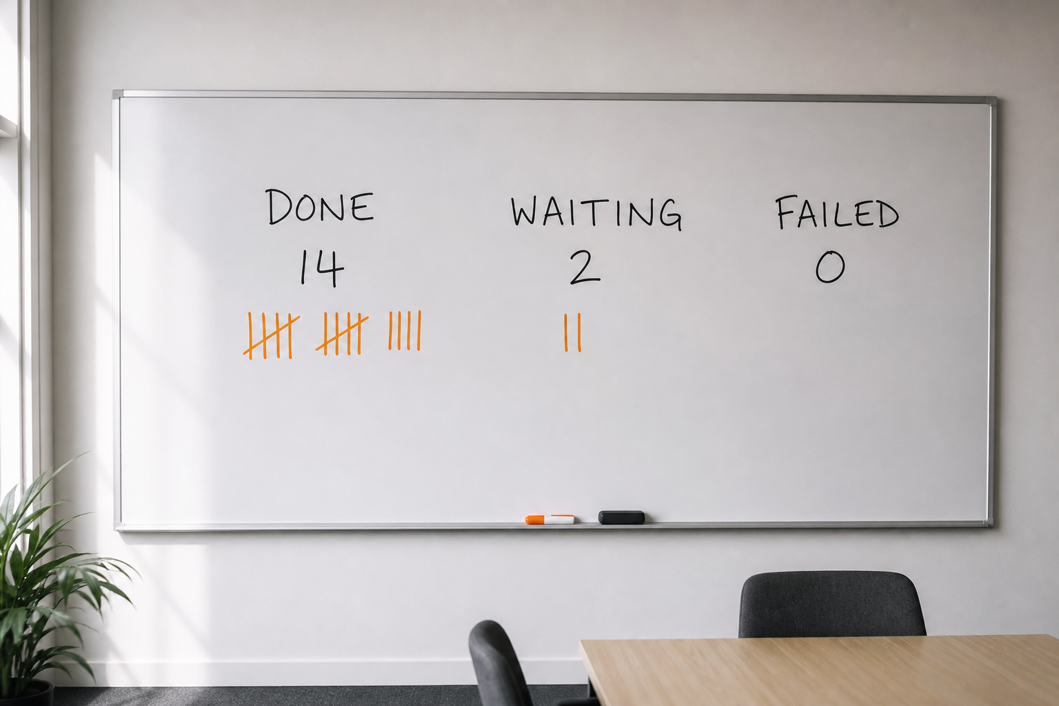 Whiteboard scorecard: DONE 14, WAITING 2, FAILED 0.