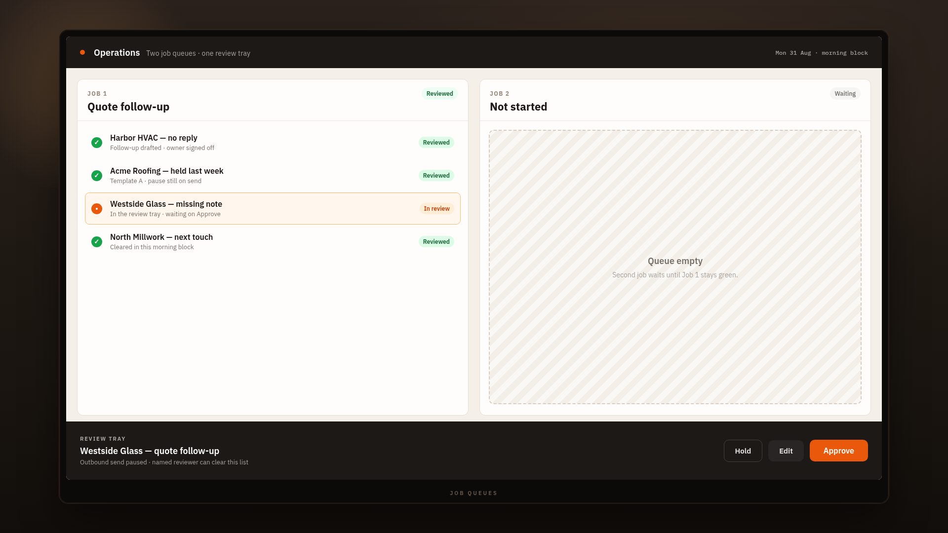 Two labeled job queues on an operations screen, with the first queue reviewed and the second still waiting.