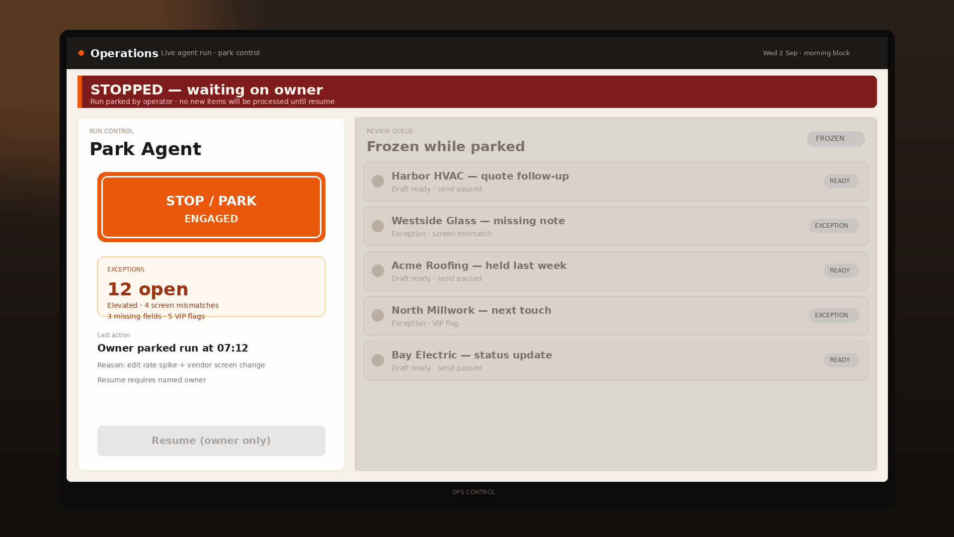 Operations screen with a live AI agent parked, orange Stop control engaged, and the review queue frozen.