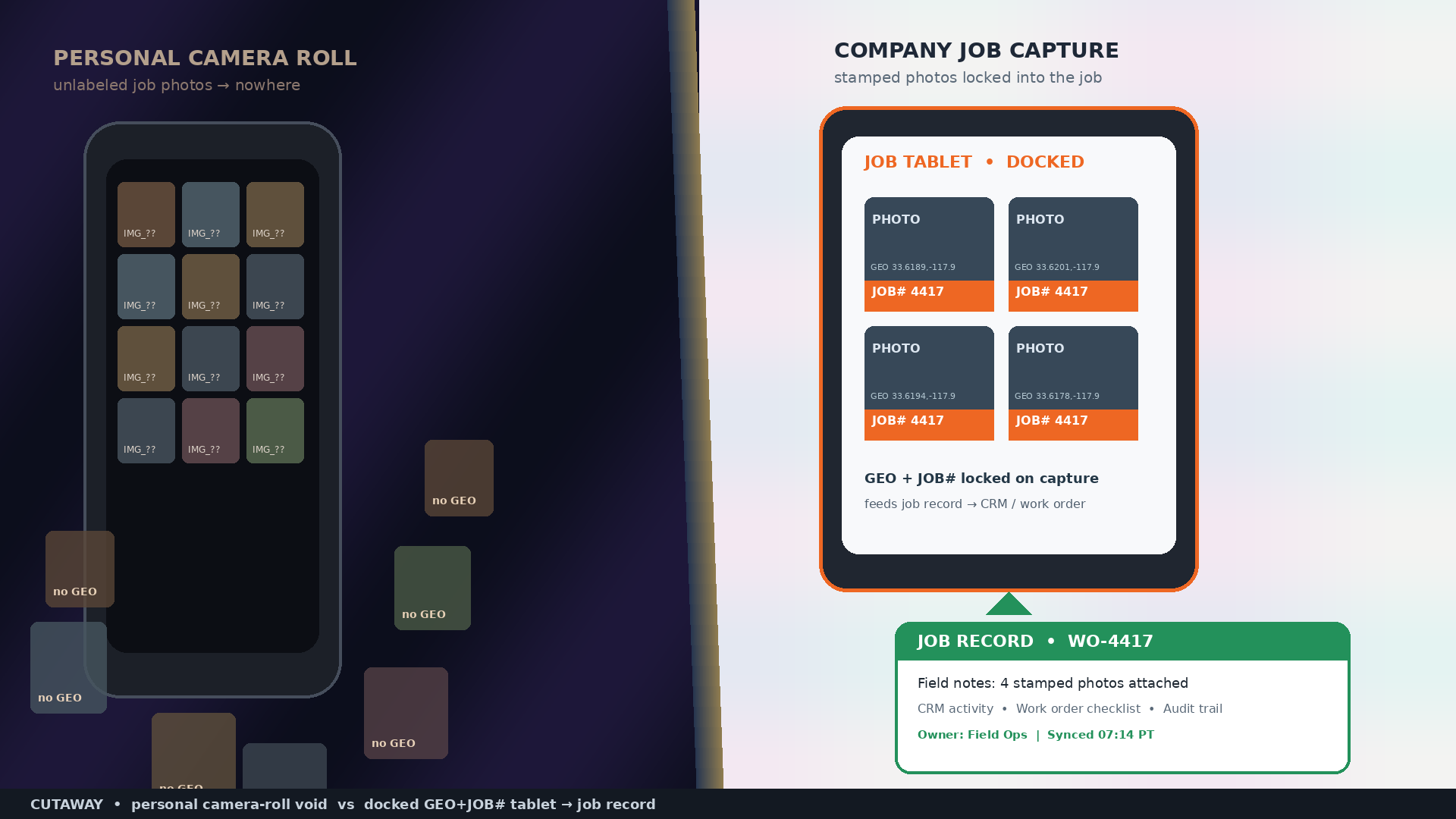 Cutaway metaphor: personal phone camera-roll with unlabeled IMG_?? job photos spilling into a dark void labeled no GEO; opposite a docked company job tablet with GEO+JOB# 4417 stamped photos locked into a green job-record card WO-4417 feeding CRM and work order.