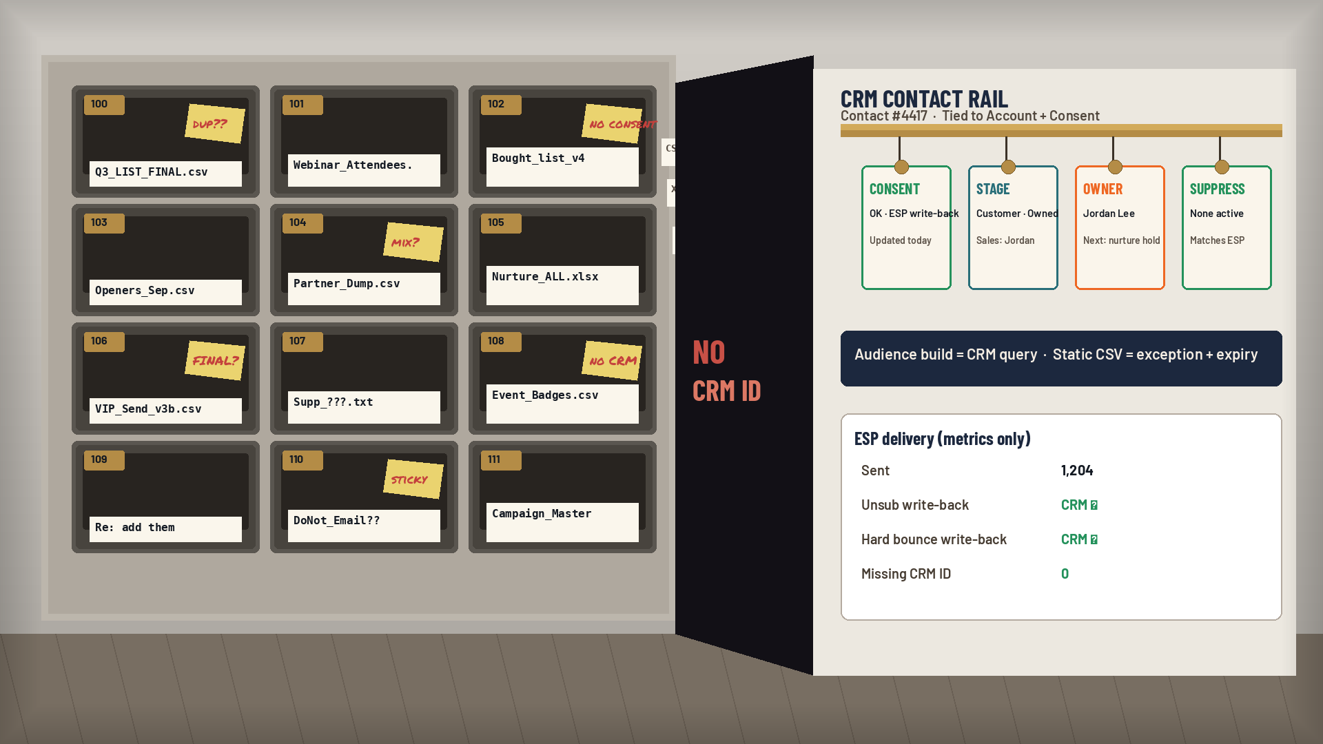 Apartment-style mailbox bank in a hallway: left side shows overflowing campaign mail slots labeled Q3_LIST_FINAL.csv, Webinar_Attendees.xlsx, and Bought_list_v4 with sticky notes peeling into a dark void marked NO CRM ID; right side shows a clean CRM Contact Rail with hang tags for Consent, Stage, and Owner tied to contact #4417.